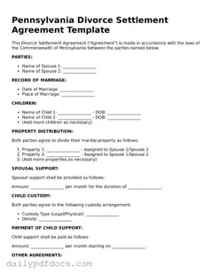 Printable  Divorce Settlement Agreement Document for Pennsylvania