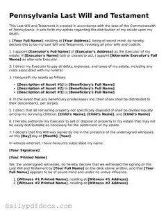 Printable  Last Will and Testament Document for Pennsylvania
