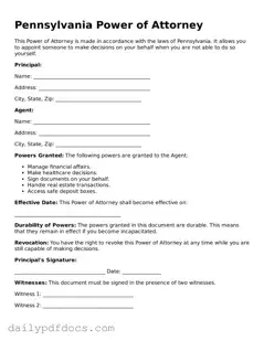 Printable  Power of Attorney Document for Pennsylvania