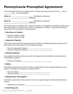 Printable  Prenuptial Agreement Document for Pennsylvania