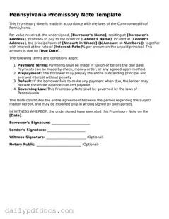 Printable  Promissory Note Document for Pennsylvania