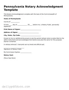 Printable  Notary Acknowledgement Document for Pennsylvania