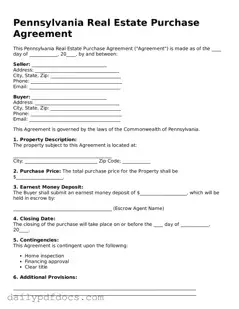Printable  Real Estate Purchase Agreement Document for Pennsylvania