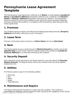 Printable  Lease Agreement Document for Pennsylvania