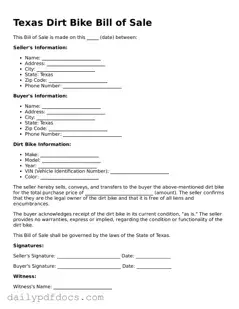 Printable  Dirt Bike Bill of Sale Document for Texas