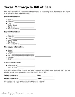 Printable  Motorcycle Bill of Sale Document for Texas