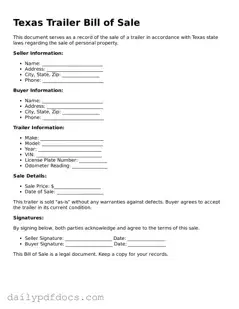 Printable  Trailer Bill of Sale Document for Texas