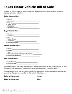 Printable  Motor Vehicle Bill of Sale Document for Texas