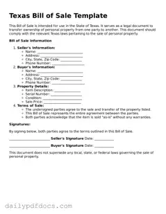 Printable  Bill of Sale Document for Texas