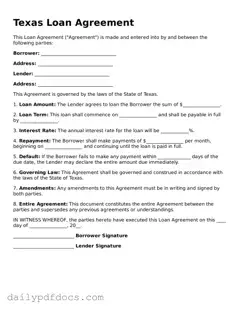 Printable  Loan Agreement Document for Texas