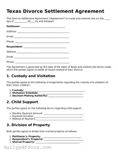 Printable  Divorce Settlement Agreement Document for Texas
