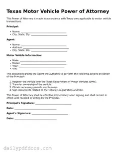 Printable  Motor Vehicle Power of Attorney Document for Texas