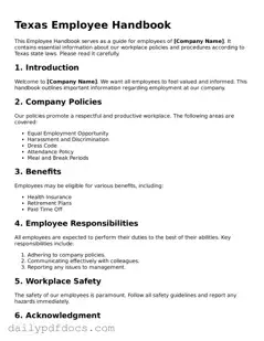 Printable  Employee Handbook Document for Texas