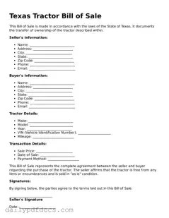 Printable  Tractor Bill of Sale Document for Texas