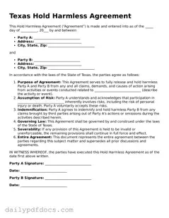 Printable  Hold Harmless Agreement Document for Texas