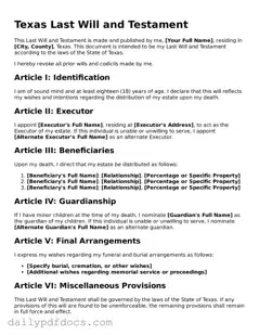 Printable  Last Will and Testament Document for Texas