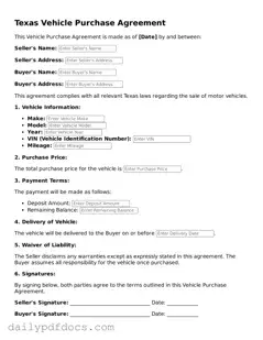 Printable  Vehicle Purchase Agreement Document for Texas