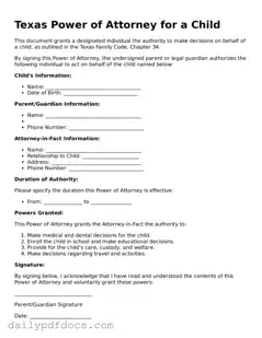 Printable  Power of Attorney for a Child Document for Texas