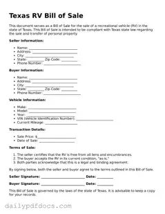 Printable  RV Bill of Sale Document for Texas