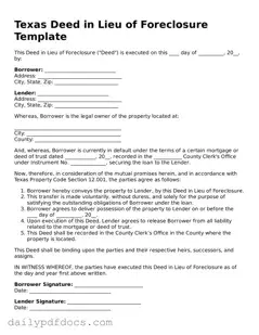 Printable  Deed in Lieu of Foreclosure Document for Texas