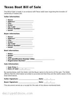 Printable  Boat Bill of Sale Document for Texas