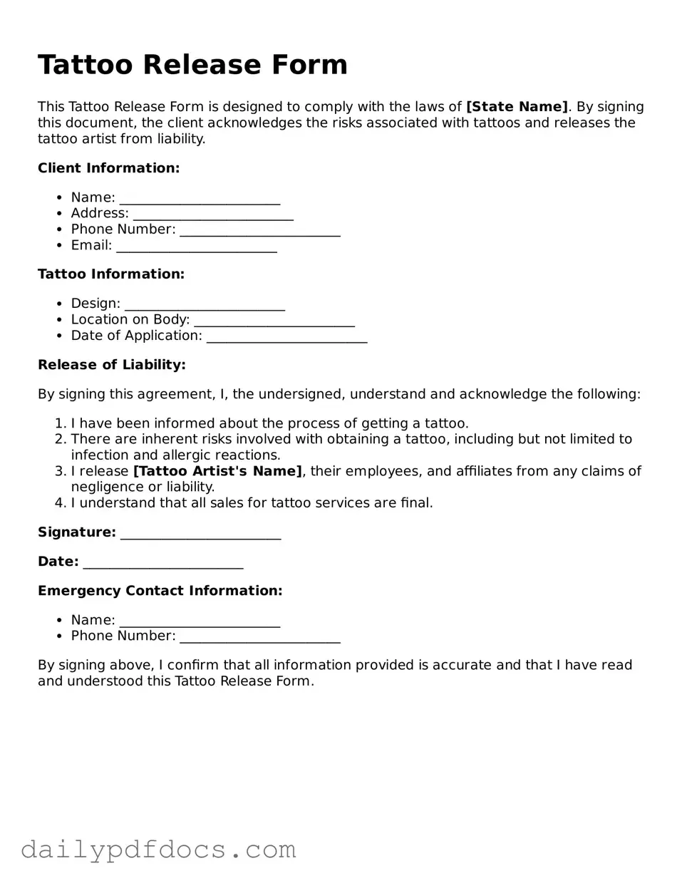 Free Tattoo Release Template
