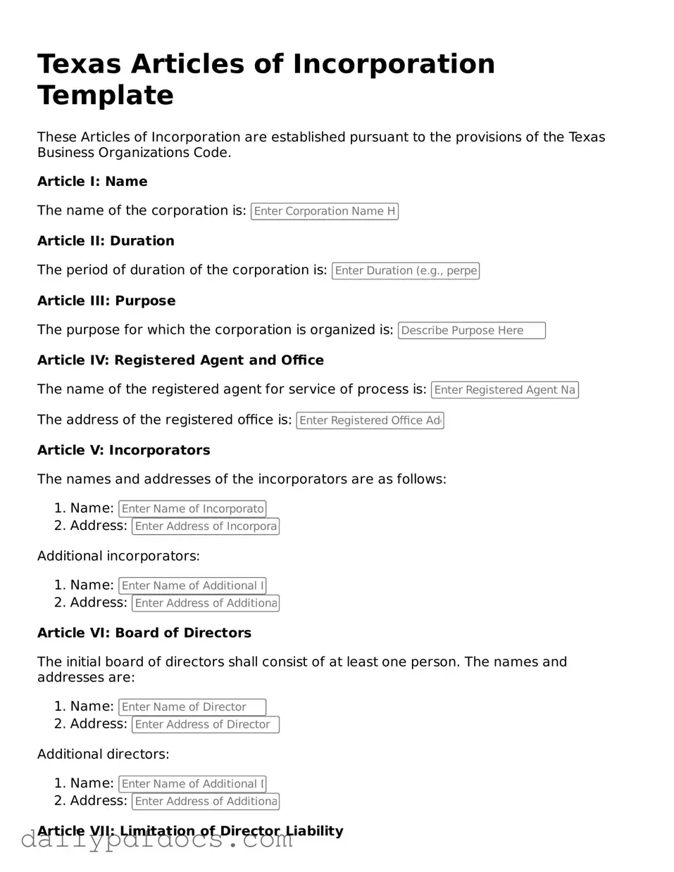 Printable  Articles of Incorporation Document for Texas