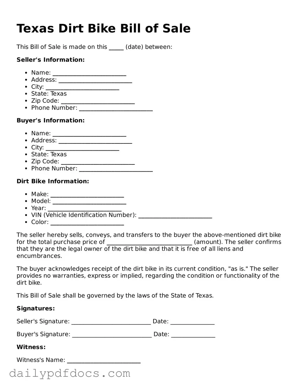 Printable  Dirt Bike Bill of Sale Document for Texas