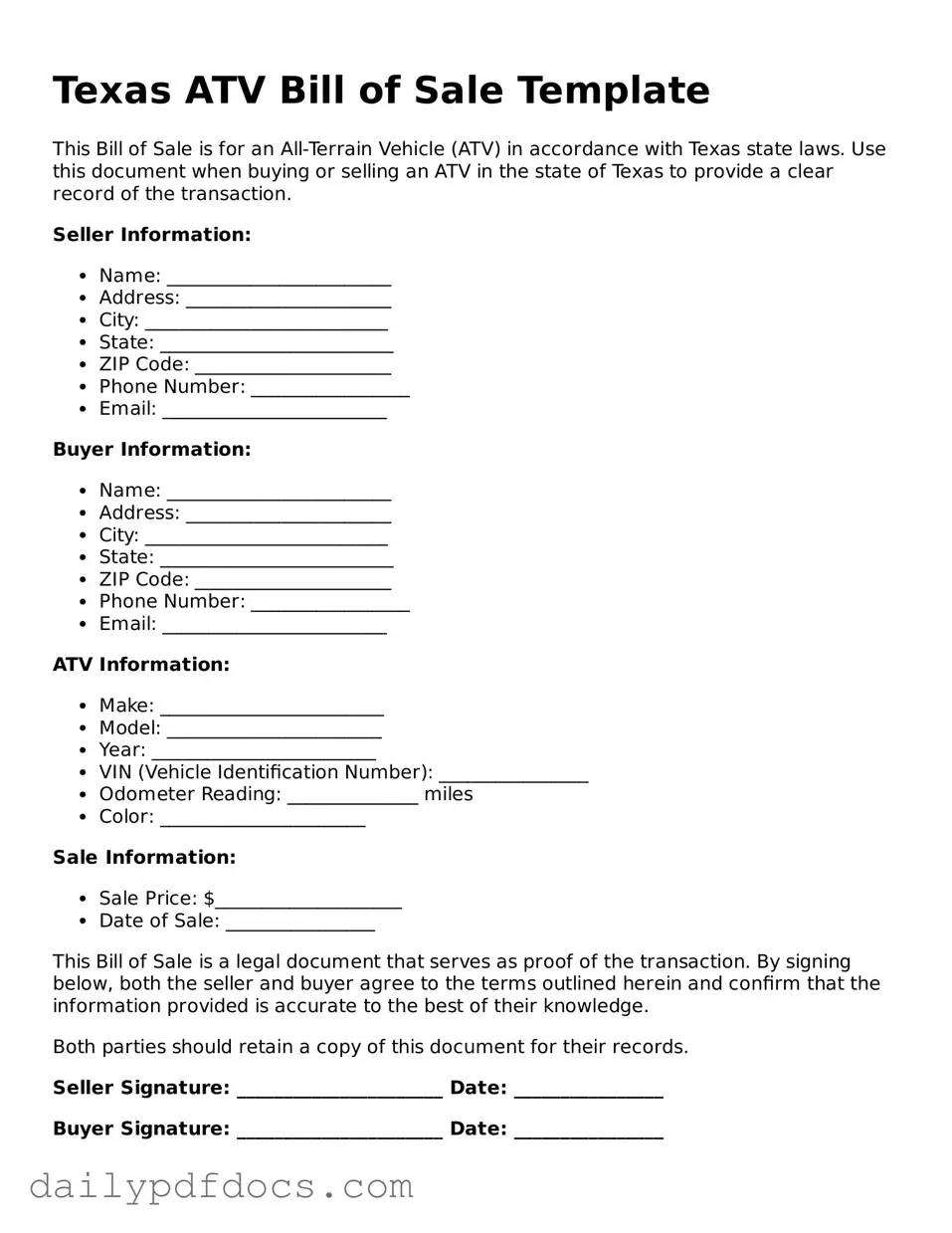 Printable  ATV Bill of Sale Document for Texas