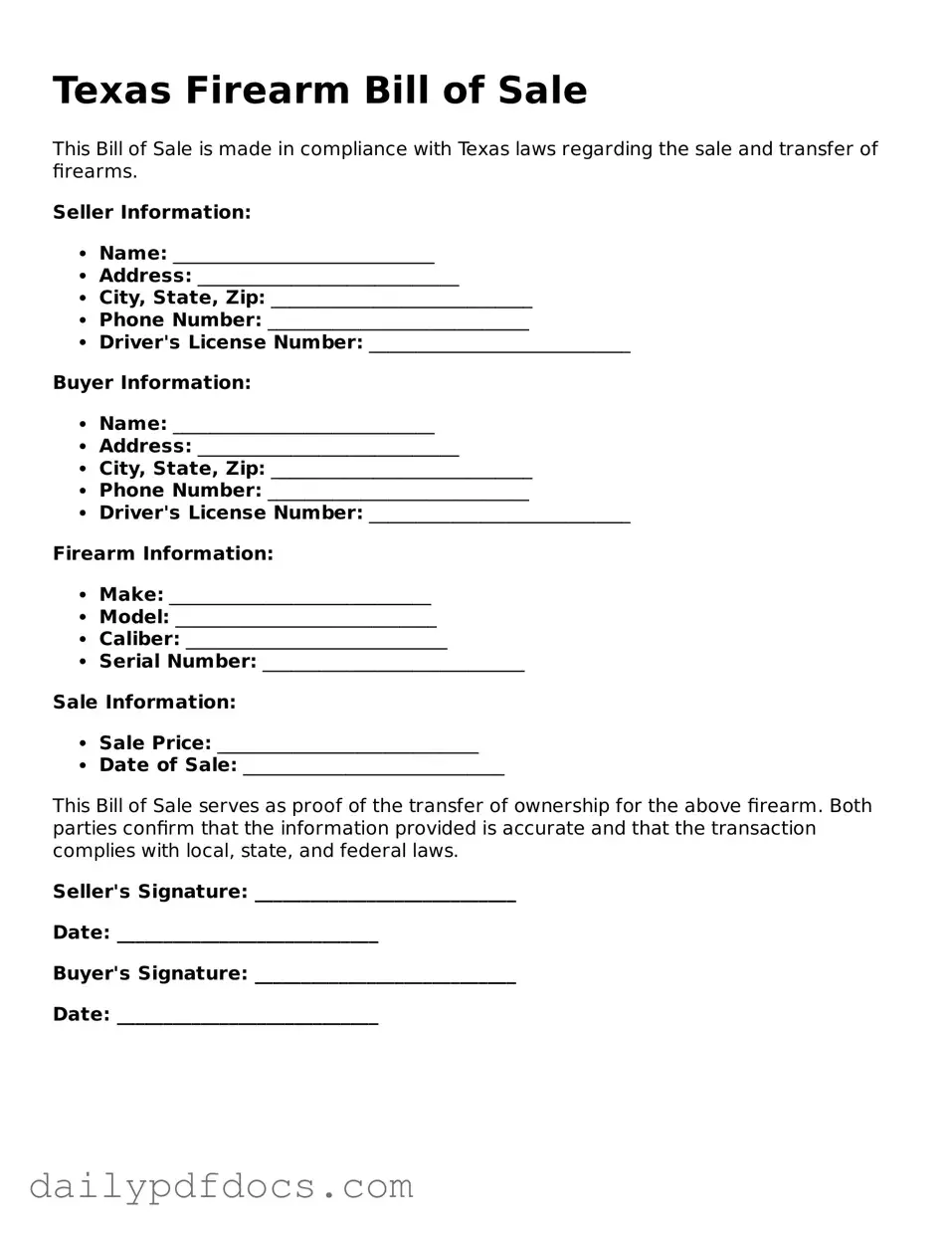 Printable  Firearm Bill of Sale Document for Texas