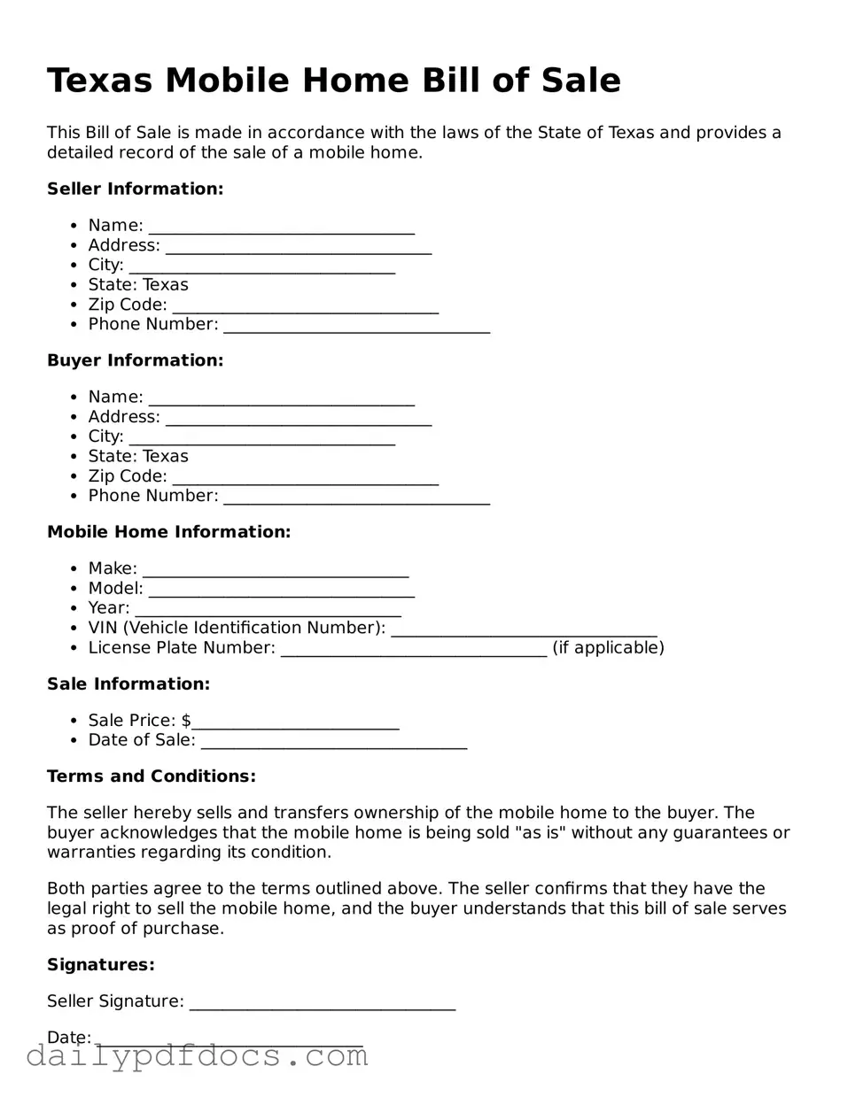 Printable  Mobile Home Bill of Sale Document for Texas