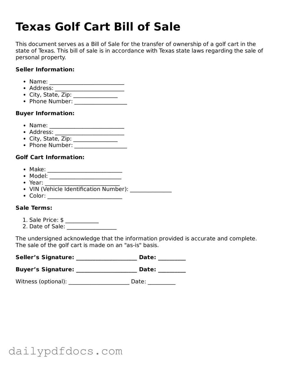 Printable  Golf Cart Bill of Sale Document for Texas