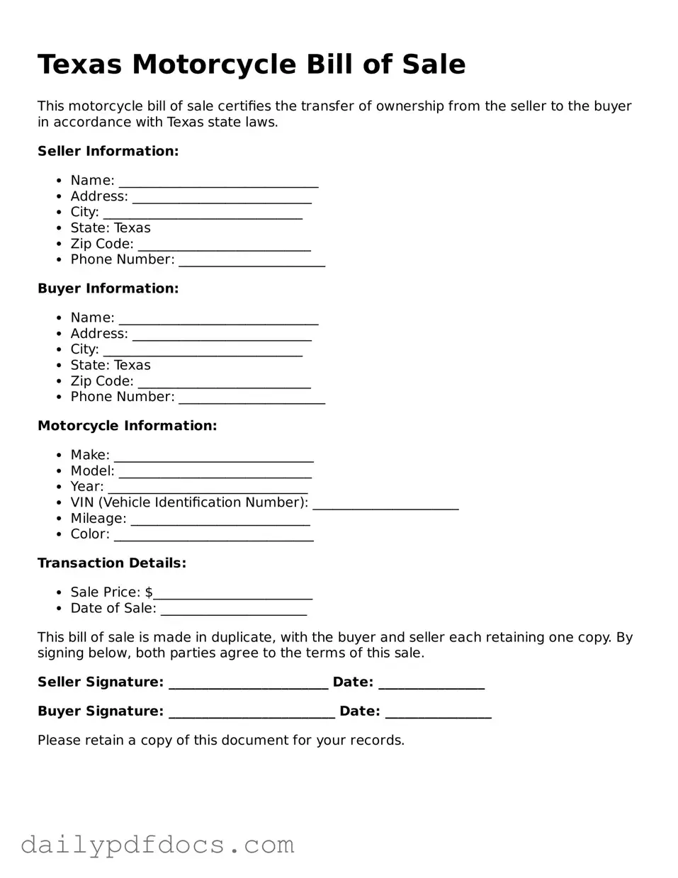 Printable  Motorcycle Bill of Sale Document for Texas