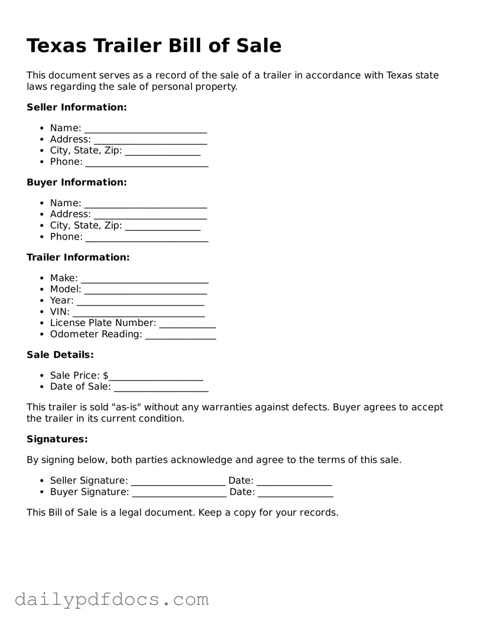 Printable  Trailer Bill of Sale Document for Texas
