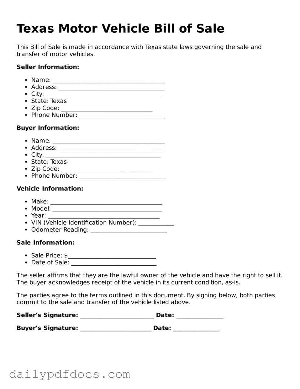 Printable  Motor Vehicle Bill of Sale Document for Texas