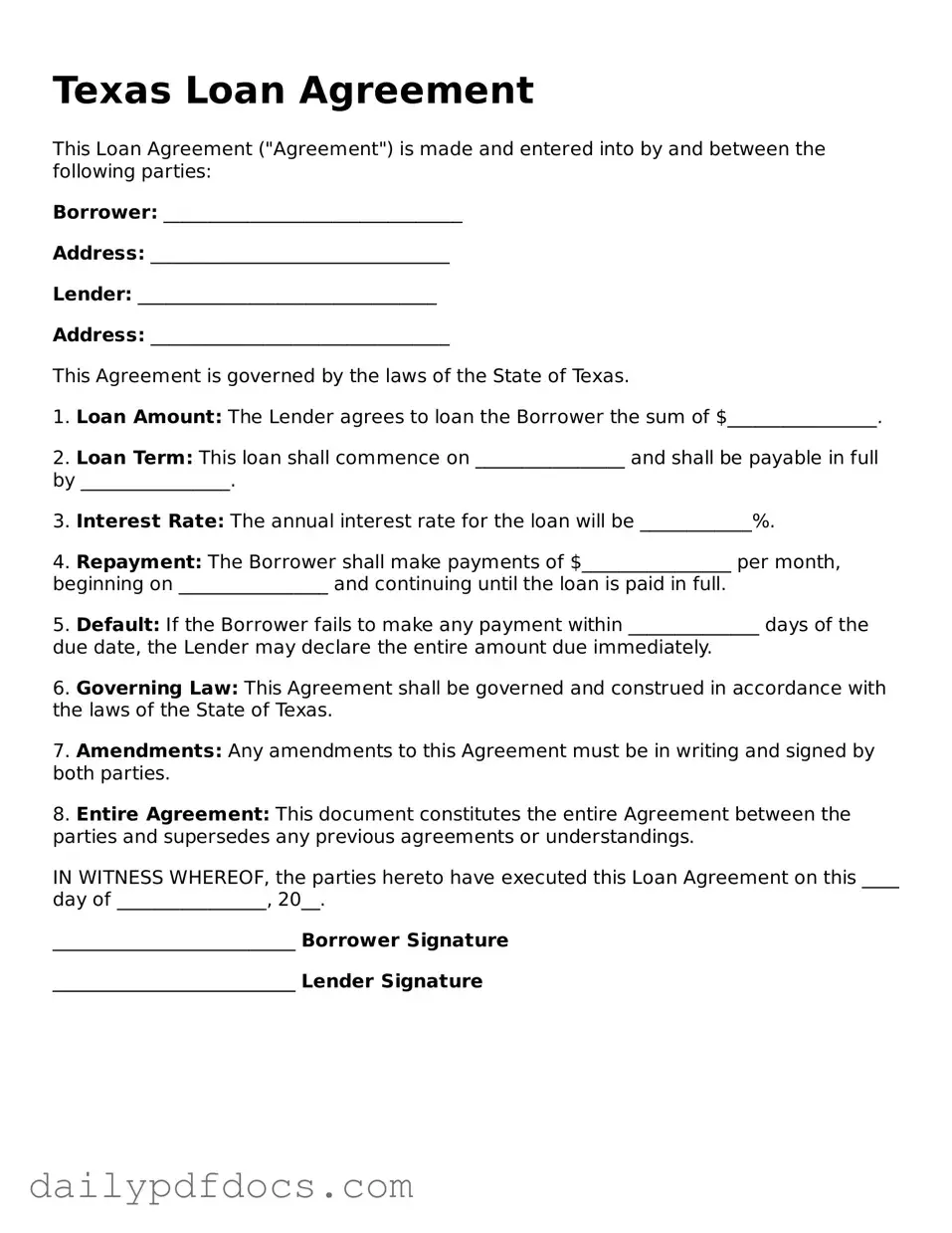 Printable  Loan Agreement Document for Texas