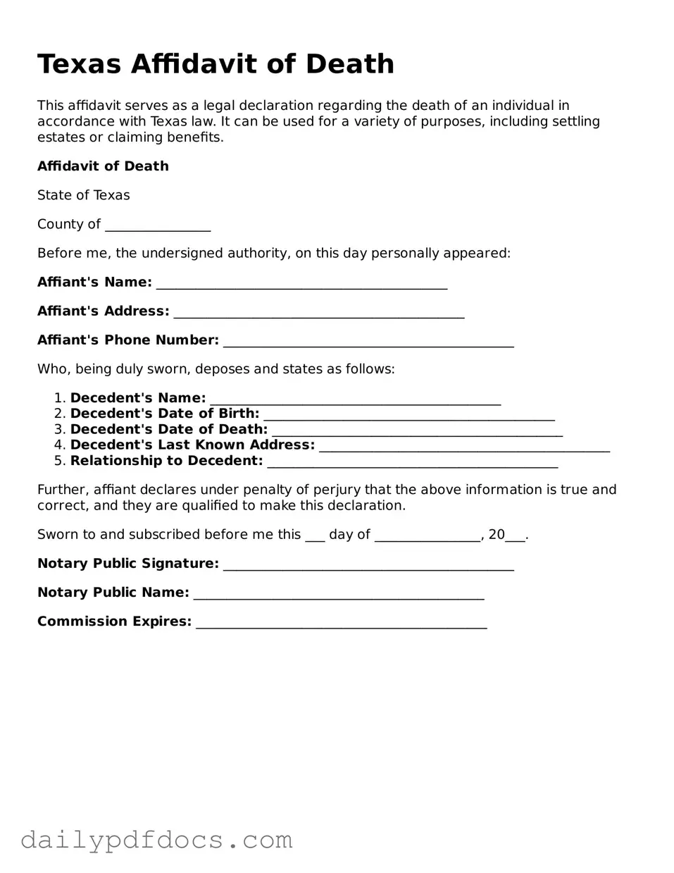 Printable  Affidavit of Death Document for Texas