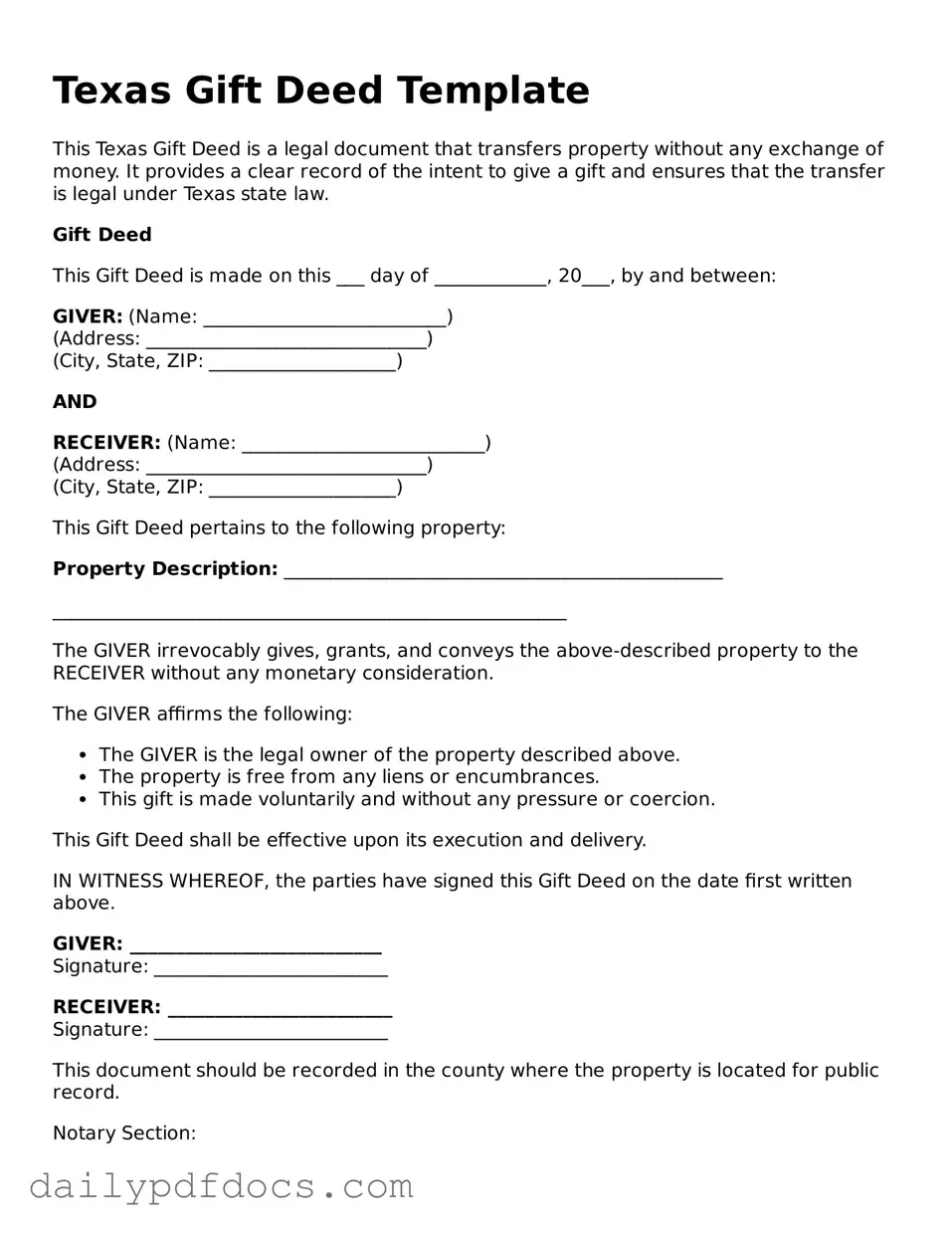 Printable  Gift Deed Document for Texas