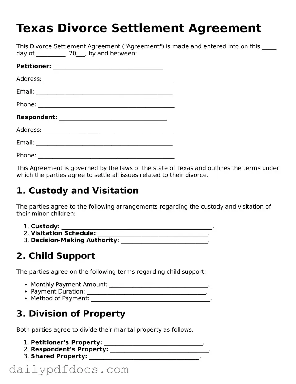 Printable  Divorce Settlement Agreement Document for Texas