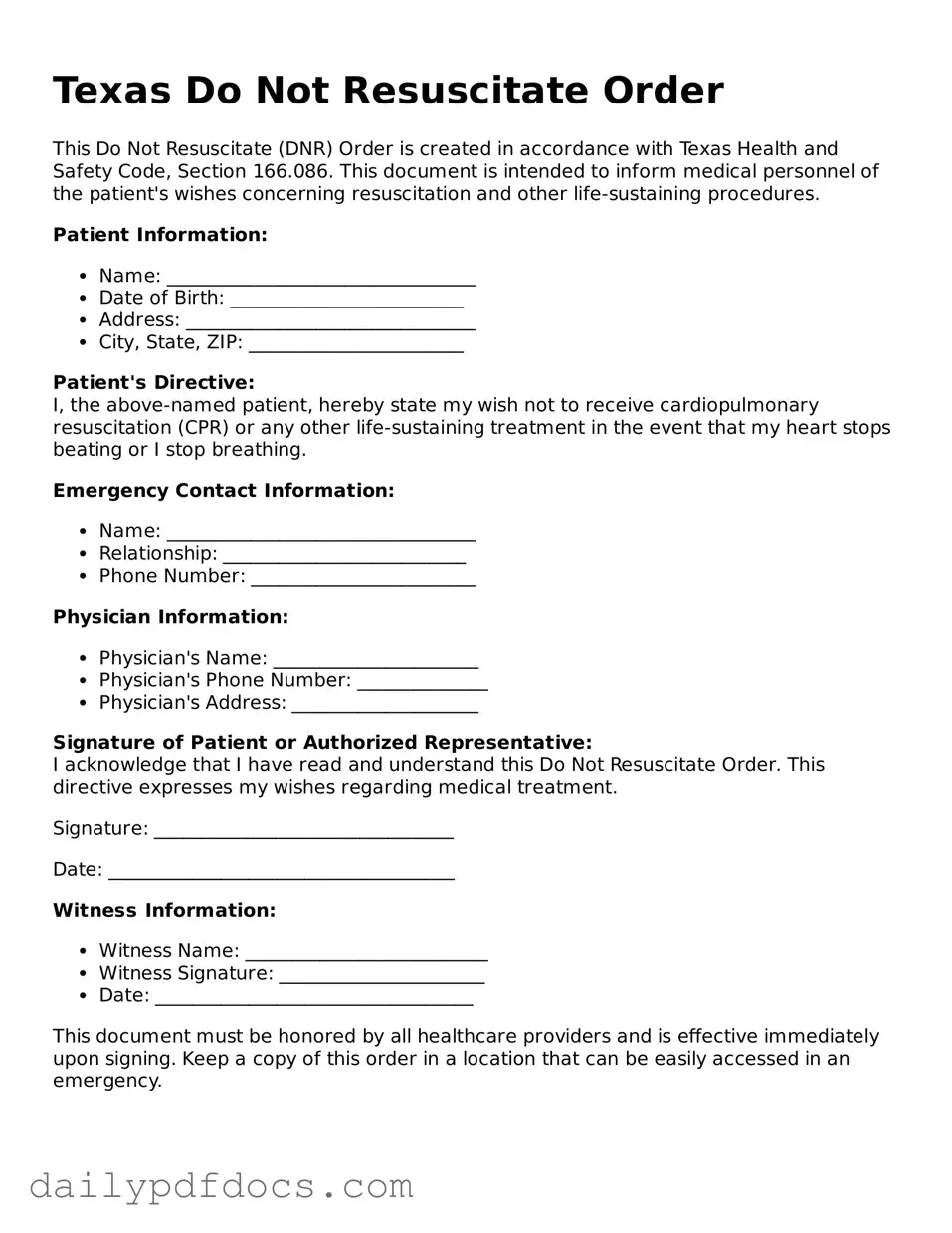 Printable  Do Not Resuscitate Order Document for Texas