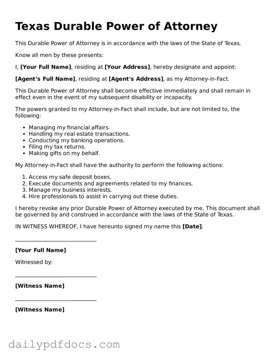 Printable  Durable Power of Attorney Document for Texas