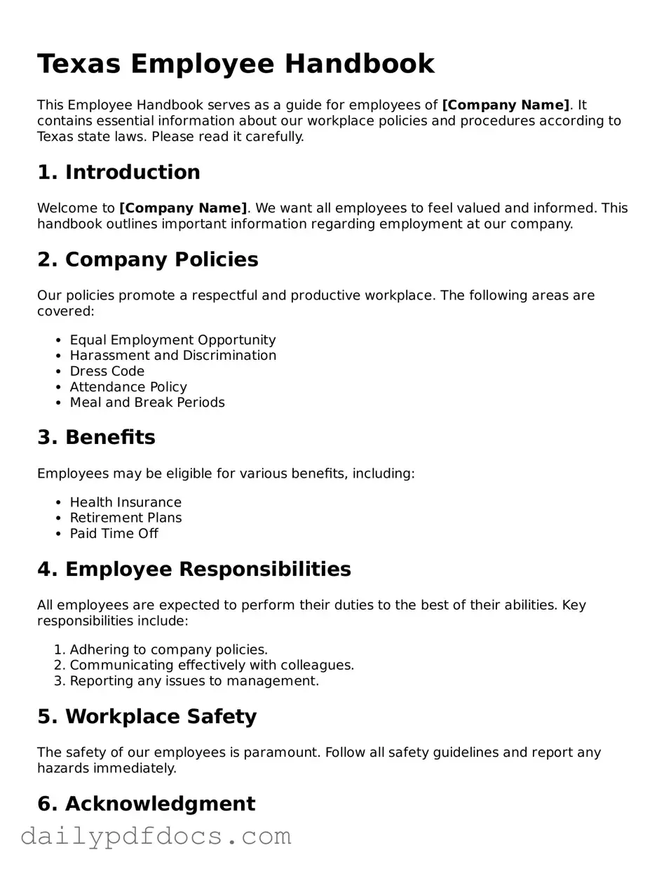 Printable  Employee Handbook Document for Texas