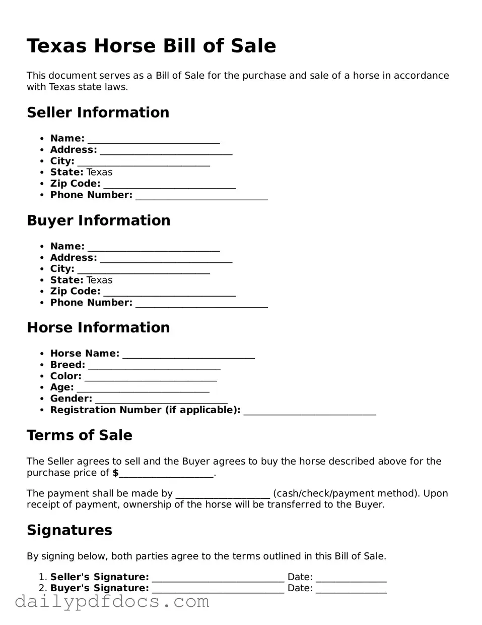 Printable  Horse Bill of Sale Document for Texas