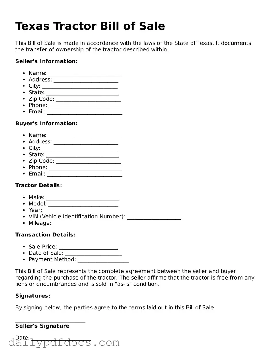 Printable  Tractor Bill of Sale Document for Texas