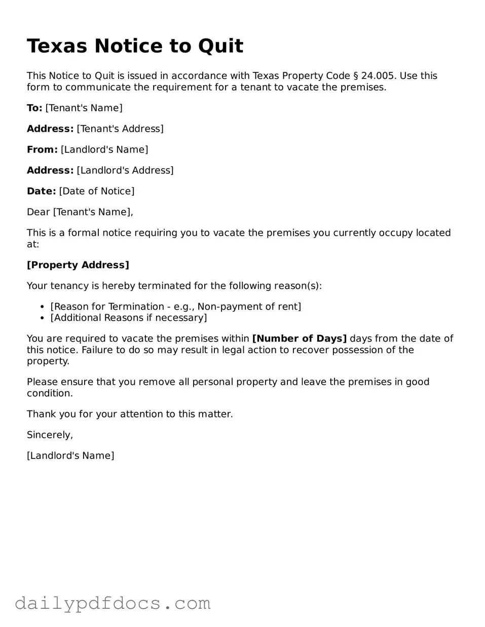 Printable  Notice to Quit Document for Texas