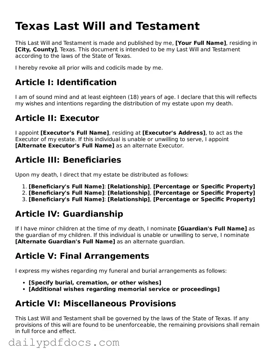 Printable  Last Will and Testament Document for Texas