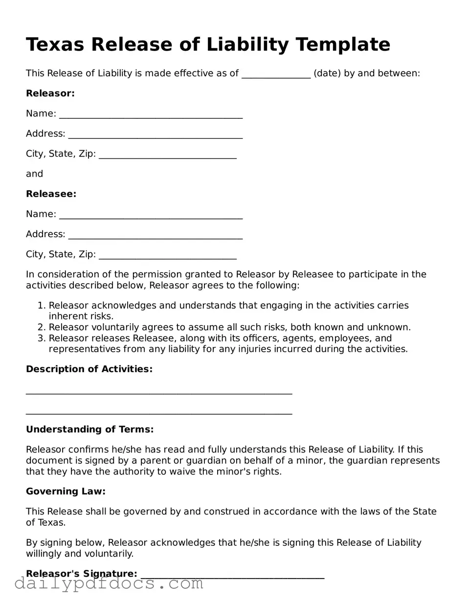 Printable  Release of Liability Document for Texas