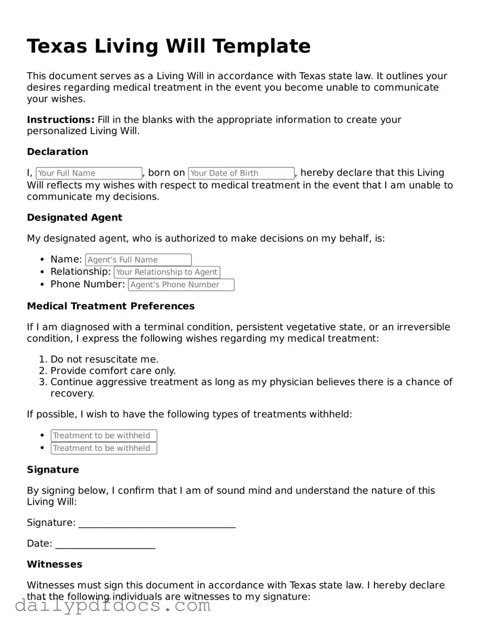 Printable  Living Will Document for Texas