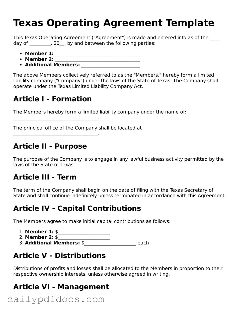Printable  Operating Agreement Document for Texas