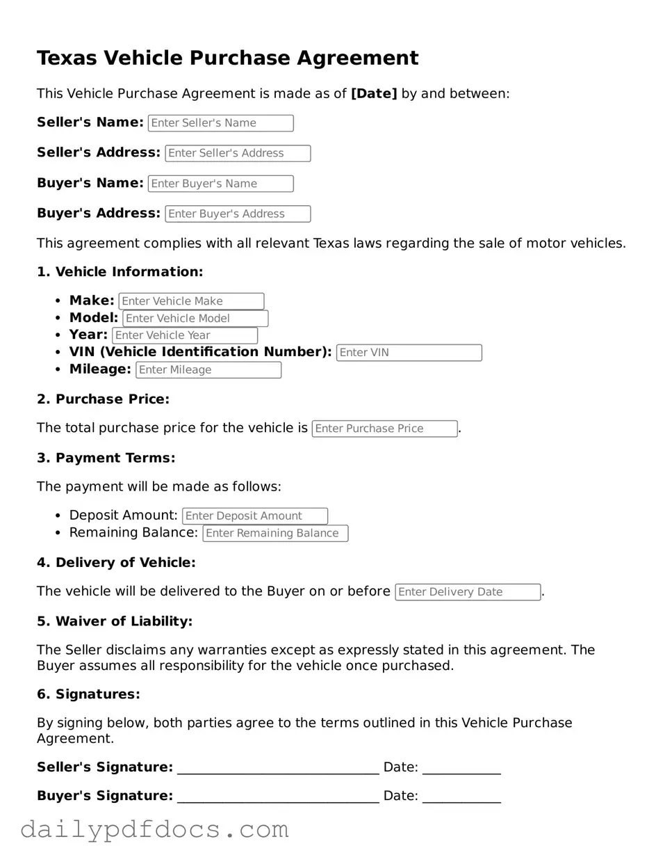 Printable  Vehicle Purchase Agreement Document for Texas